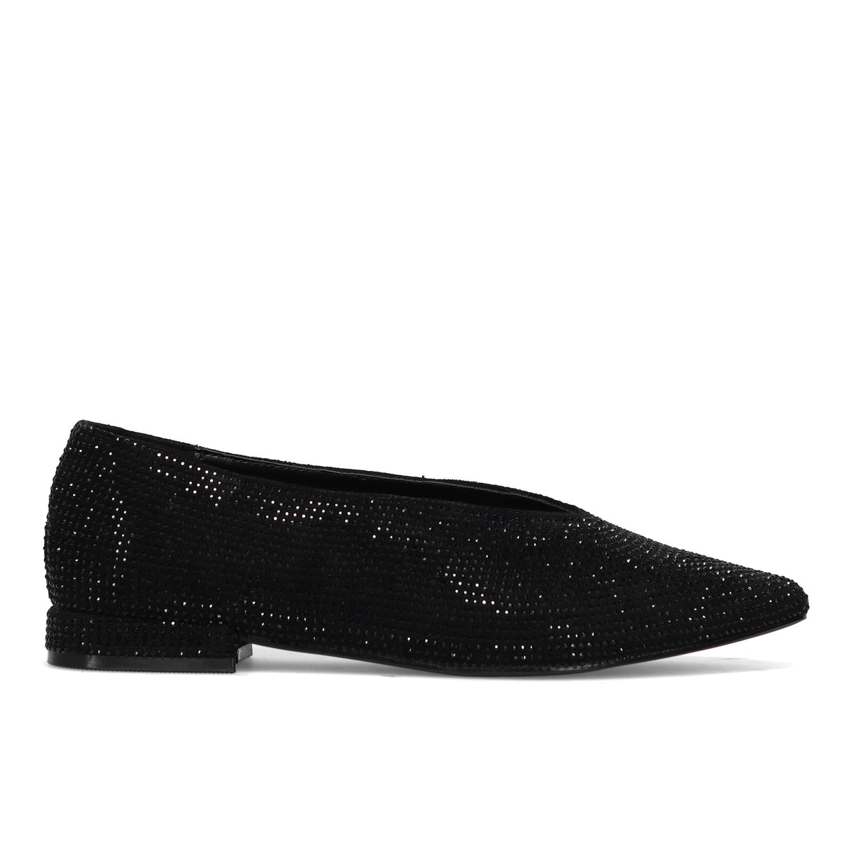 CRISTIN: Elegant women's flat pointed-toe shoe in fabric with black rhinestones and V-neckline
