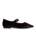 CRISTIN: Refined pointed-toe Lea ballet flat in soft dark brown velvet with ankle strap