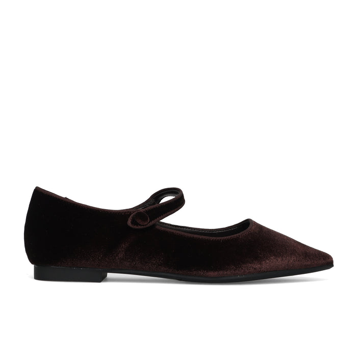 CRISTIN: Refined pointed-toe Lea ballet flat in soft dark brown velvet with ankle strap
