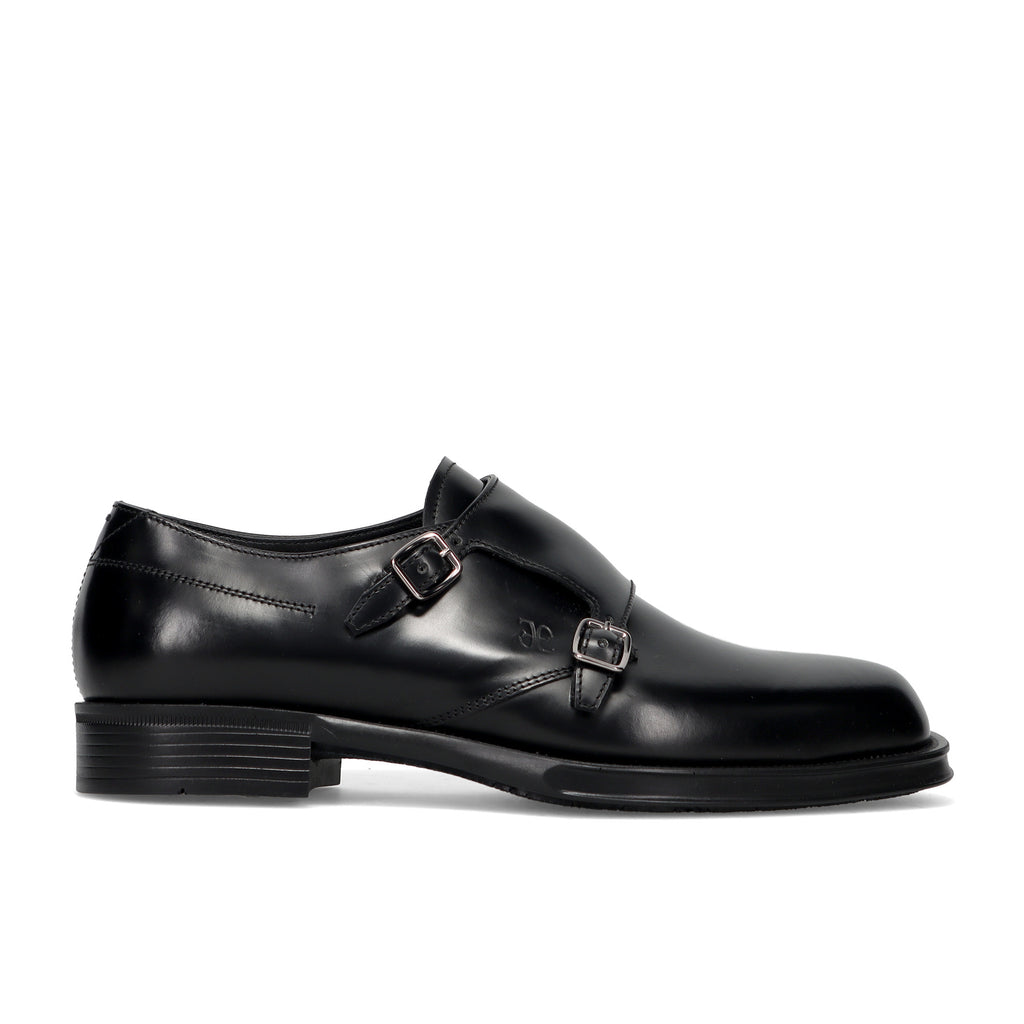 FABI: Elegant men's double monk strap shoe in black brushed leather