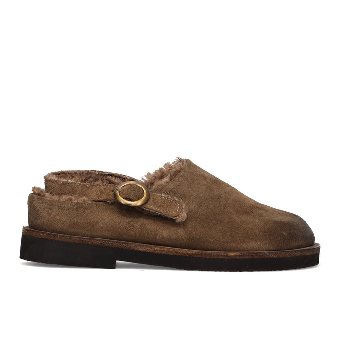 History541: Women's flat slingback in light brown suede with faux fur lining
