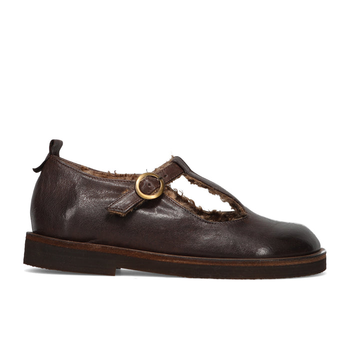 History541: Women's flat shoe in soft dark brown leather with T-strap and faux fur lining