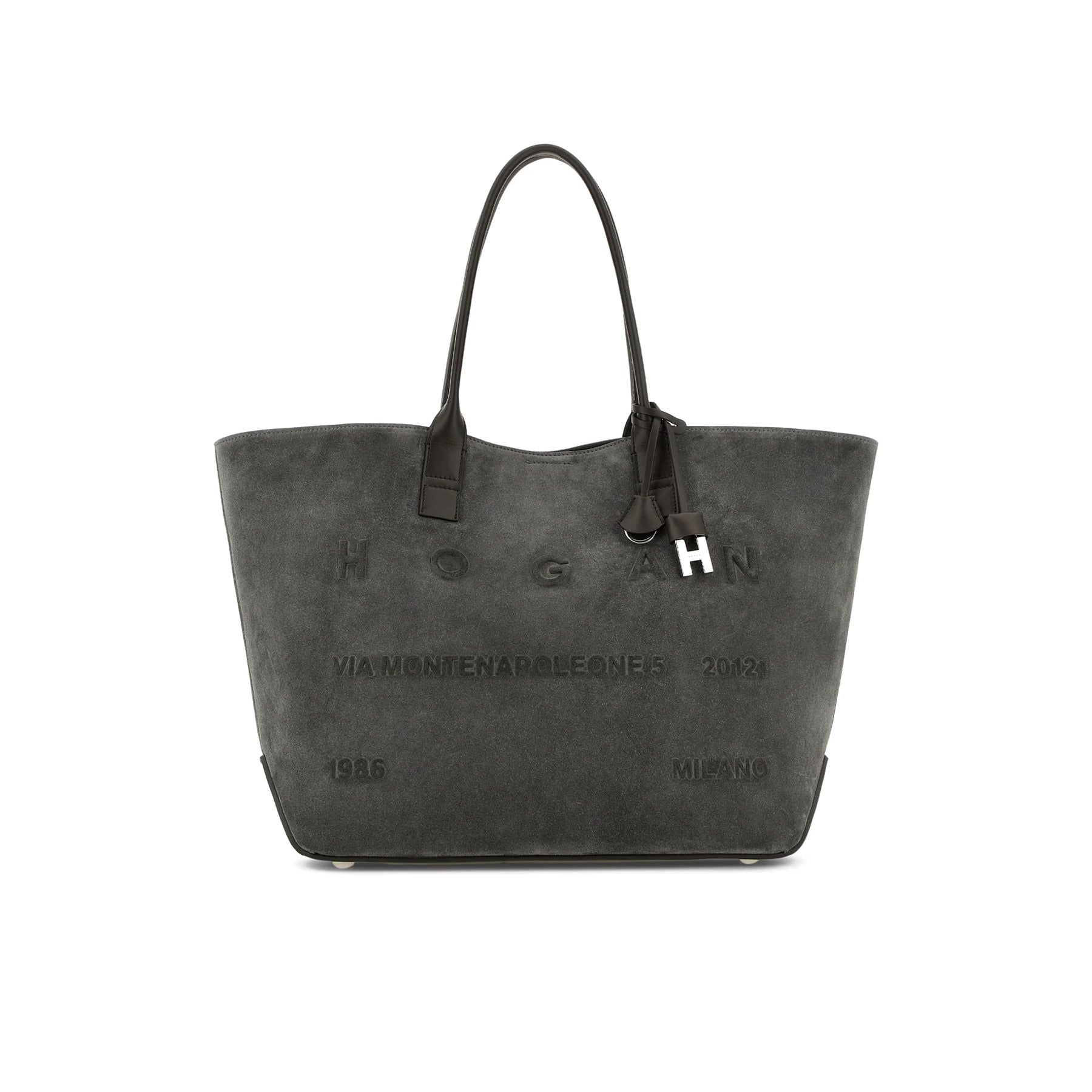 Hogan: Shopping Address Medium Bag in Grey Suede and leather with embossed logo