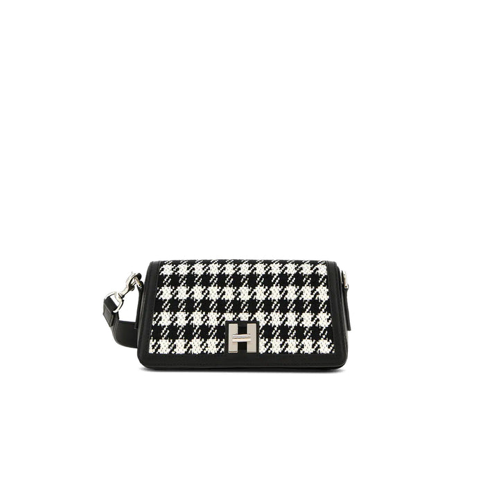 Hogan: Flap H-Turn Mini Bag Black White in leather with houndstooth fabric insert