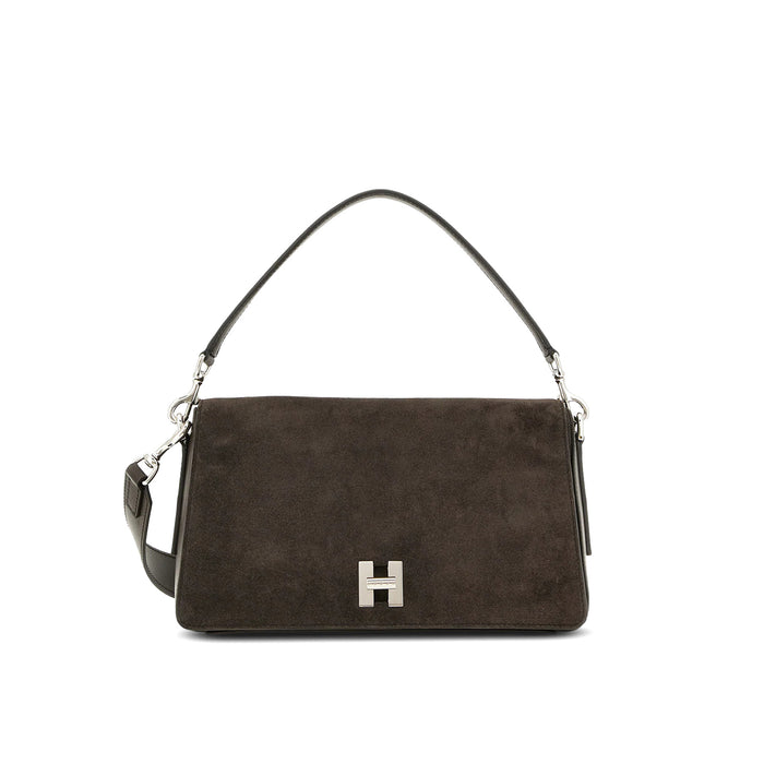 Hogan: H-Turn Flap Bag in Brown Suede