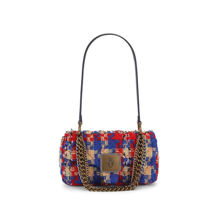 Kurt Geiger: Pimlico shoulder bag in red, blue and cream tweed with gold threads and antique brass eagle head
