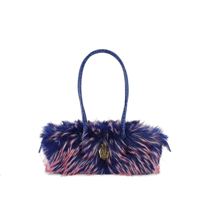 Kurt Geiger: Sloane EastWest shoulder bag in blue and pink faux fur