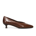 L'ARIANNA: Women's shoe in soft brown leather with a low spool heel and V-neckline