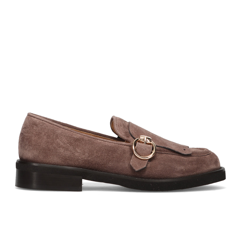 LUCA GROSSI: Women's shoe in soft water-repellent light brown suede with fringe and rubber sole