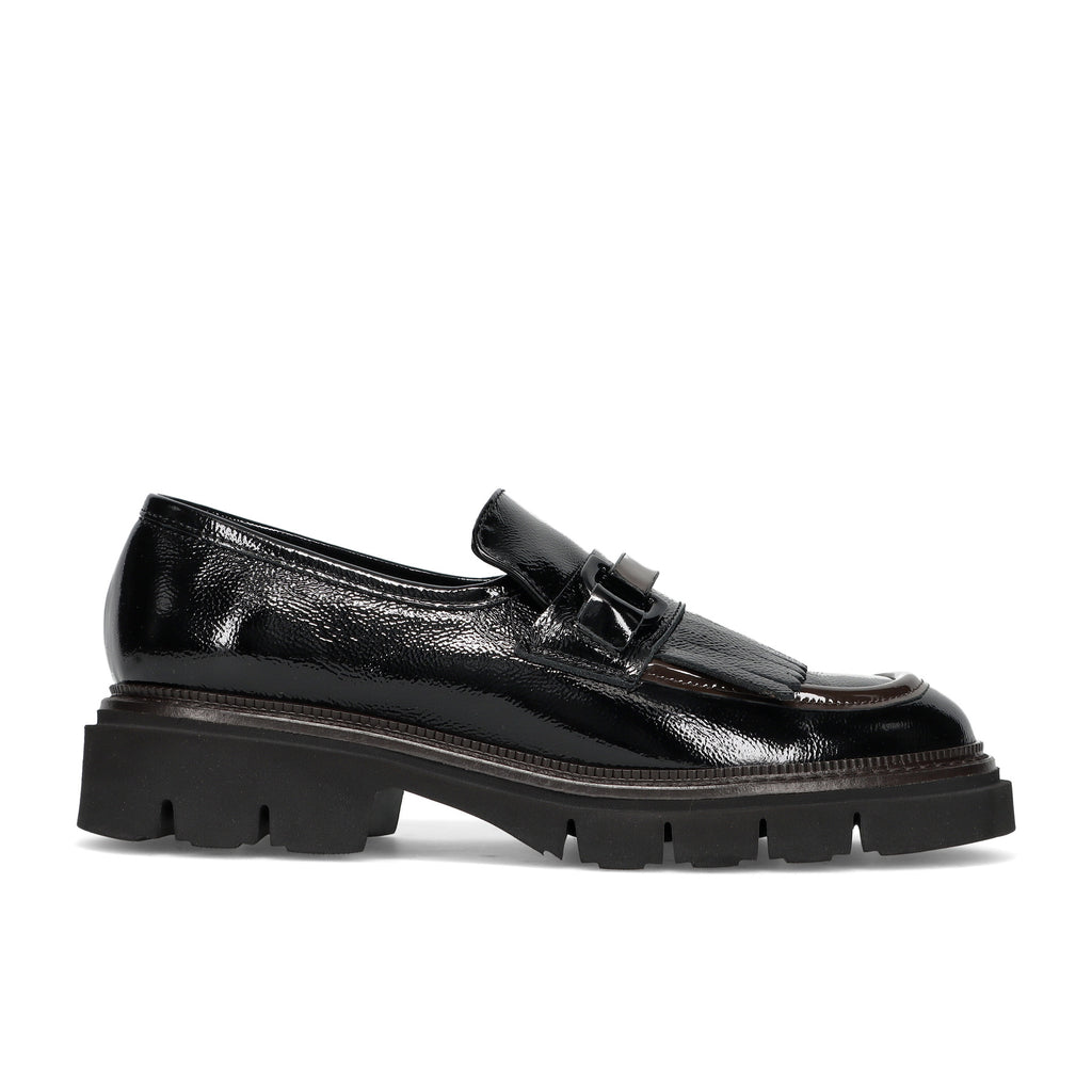 LUCA GROSSI: Women's shoe in black and brown patent leather with fringe and rubber sole