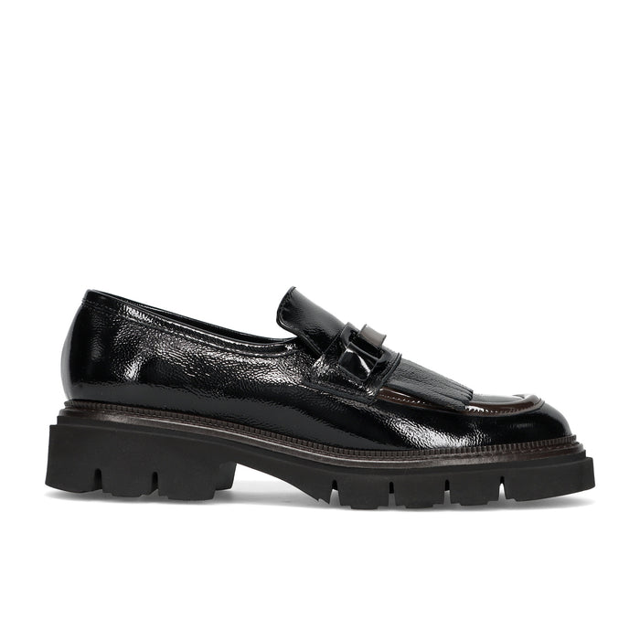 LUCA GROSSI: Women's shoe in black and brown patent leather with fringe and rubber sole