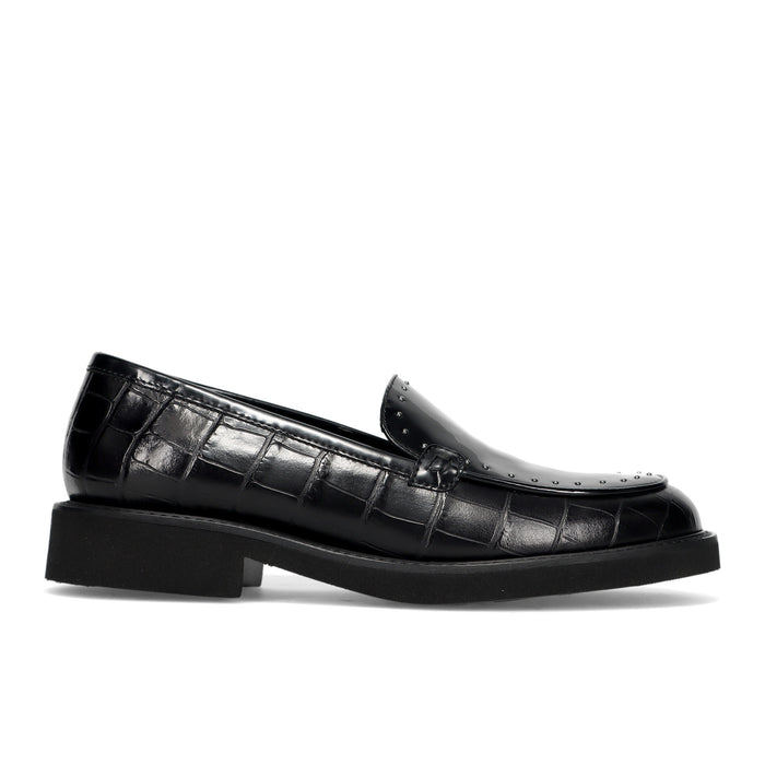 LUCA GROSSI: Women's black crocodile-print leather shoe with micro-studs