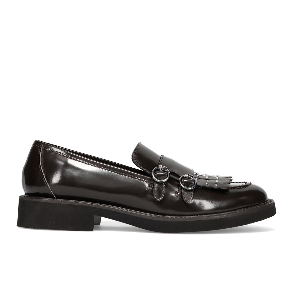 LUCA GROSSI: Women's brushed dark brown leather shoe with fringe and micro-studs