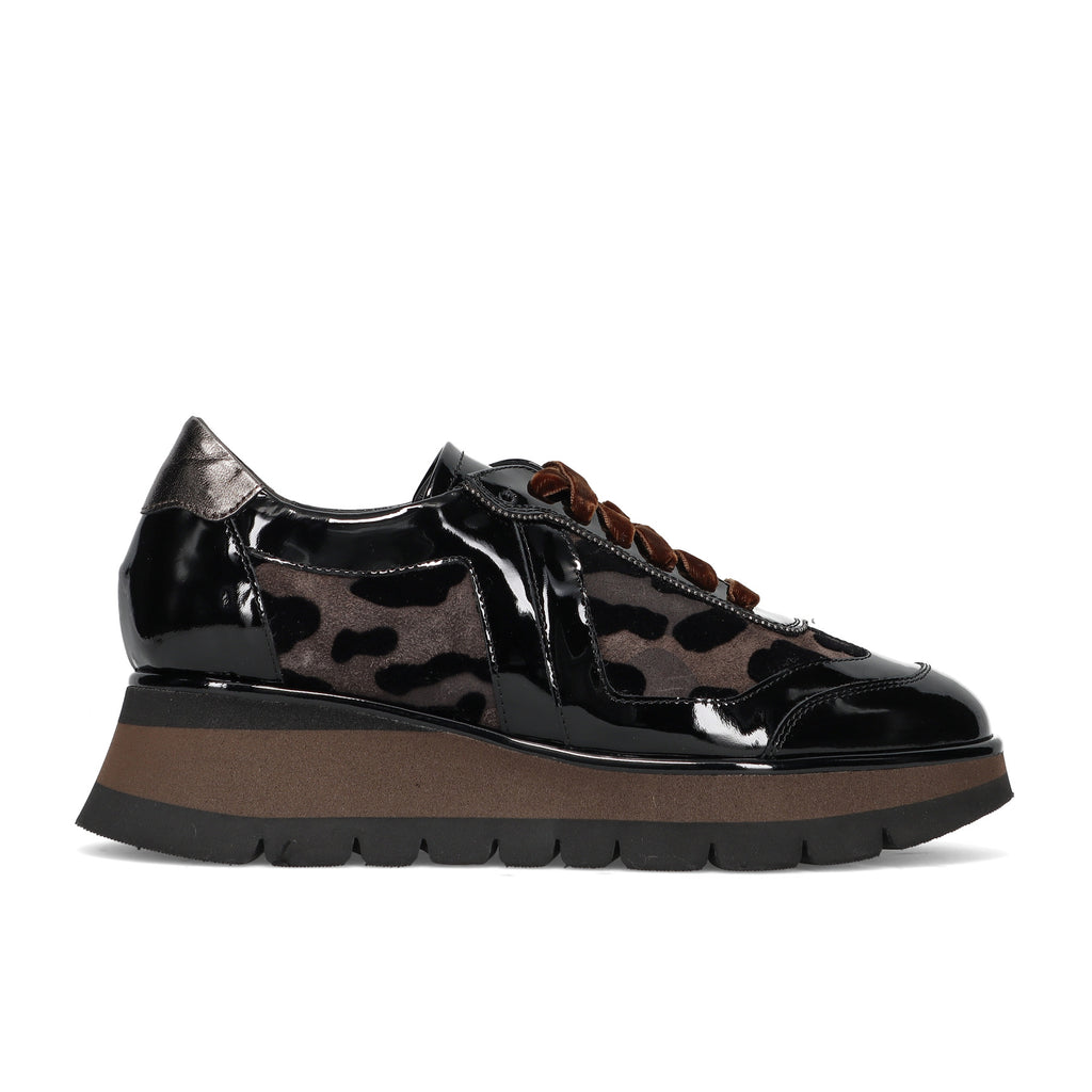 LUCA GROSSI: Women's casual shoe in black patent leather and camouflage print suede with low wedge