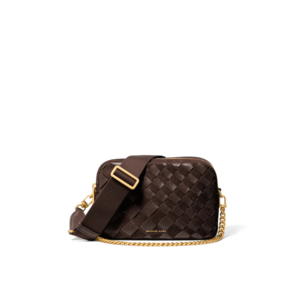 MICHAEL KORS: Bryant medium crossbody bag in woven suede dark brown