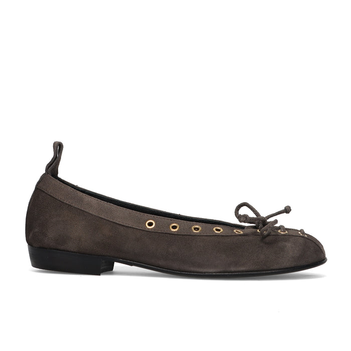 Napoleoni: Ballet flat in grey water-repellent suede with eyelets and lace bow