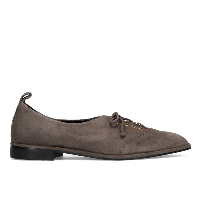 Napoleoni: Women's pointed lace-up shoe in soft grey suede with gold eyelets