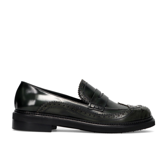 Napoleoni: Bia women's loafer in brushed green with decorative perforations