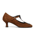 Napoleoni: Women's shoe in cognac suede and brown leather with fringe and comfortable spool heel