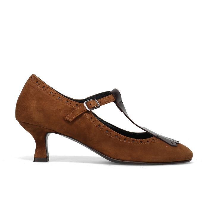 Napoleoni: Women's shoe in cognac suede and brown leather with fringe and comfortable spool heel