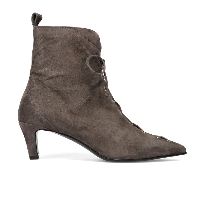 Napoleoni: Pointed-toe ankle boot for women in soft grey suede with comfortable heel and laces