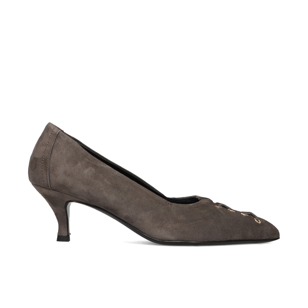 Napoleoni: Water-repellent grey suede pump with eyelets, lace detail and block heel
