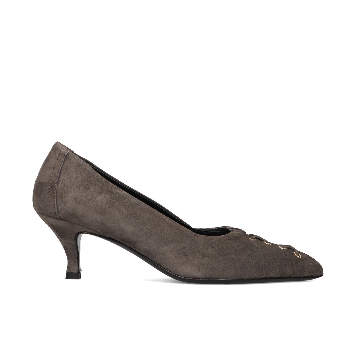 Napoleoni: Water-repellent grey suede pump with eyelets, lace detail and block heel