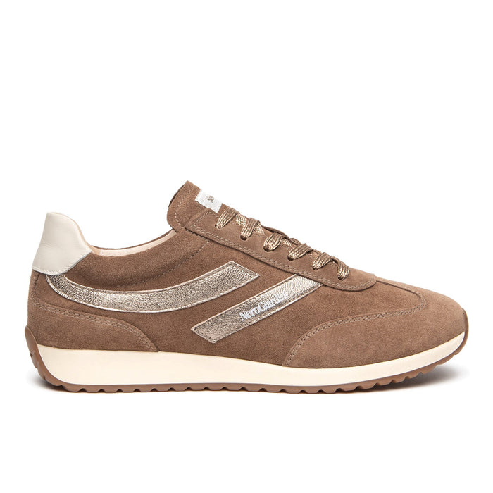NeroGiardini: Women's sneakers in water-repellent taupe suede with platinum leather inserts.