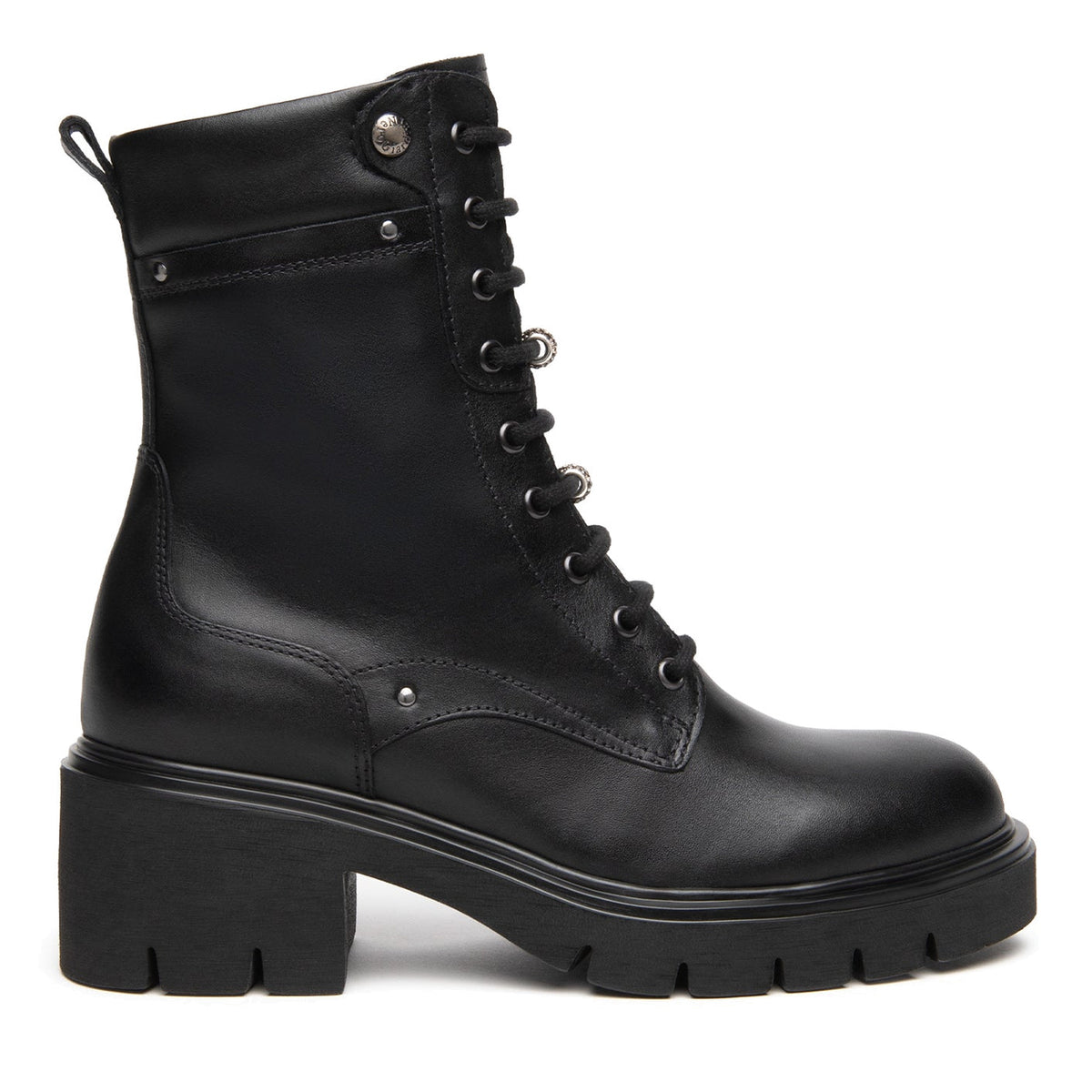 NeroGiardini: Women's lace-up ankle boot in black leather with comfortable medium heel