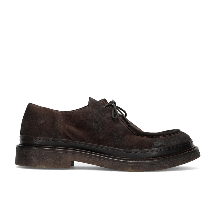 PAWELKS: Men's "engineer" style lace-up shoe in soft dark brown vintage suede leather