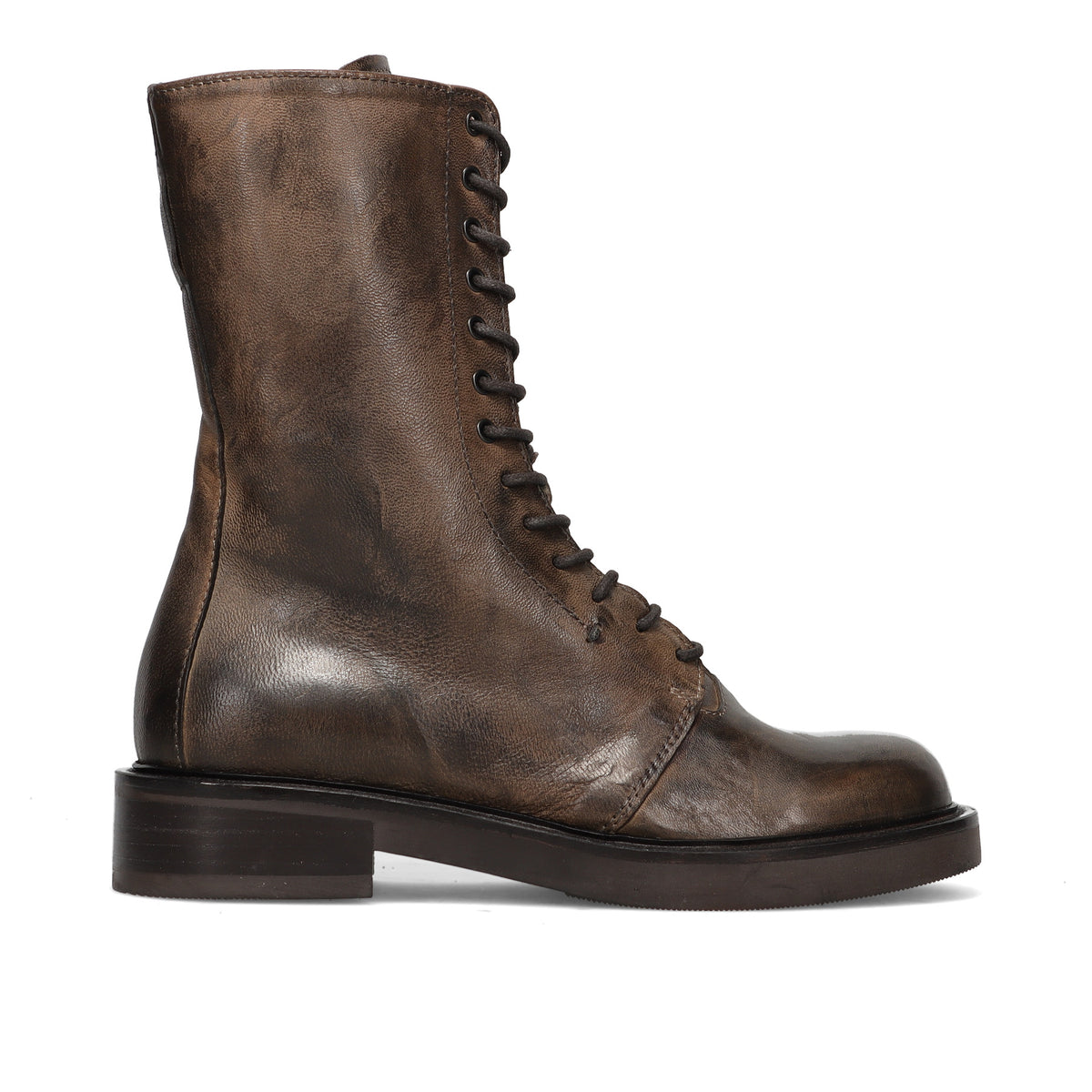 PAWELKS: Women's lace-up ankle boot in light brown stamped vintage leather