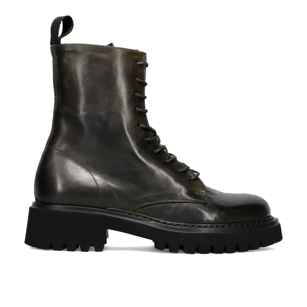 PAWELKS: Women's lace-up combat boots in forest green stained leather with chunky tank sole