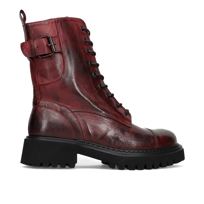 PAWELKS: Women's ankle boot in soft antiqued burgundy leather with chunky tank sole