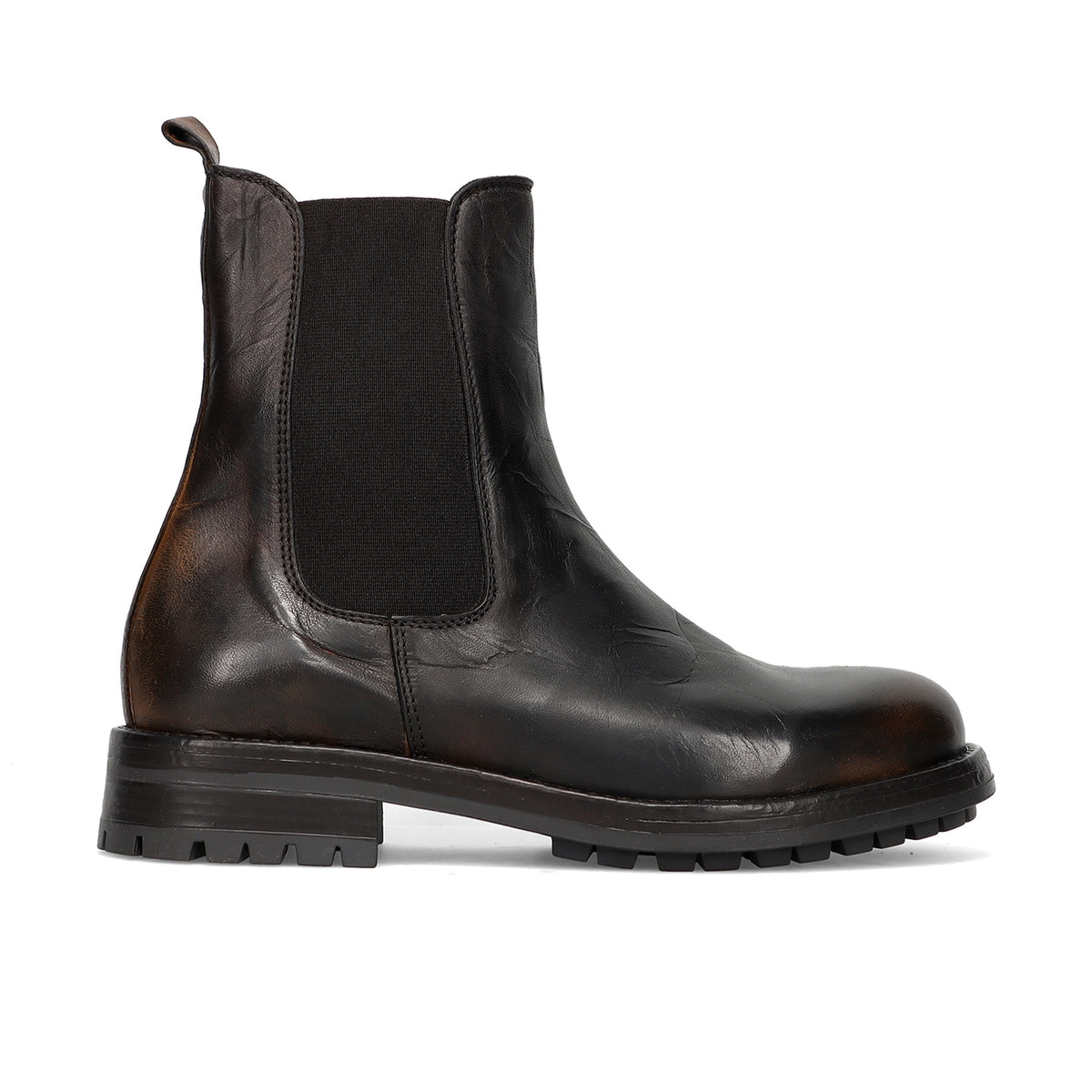 PAWELKS: Women's Chelsea ankle boot in dark brown shaded leather with tank-sole rubber outsole