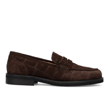 Dark brown suede penny loafer
