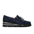 SANGIORGIO: Women's slip-on shoe in blue suede with fringe, silver tassels and a low wedge