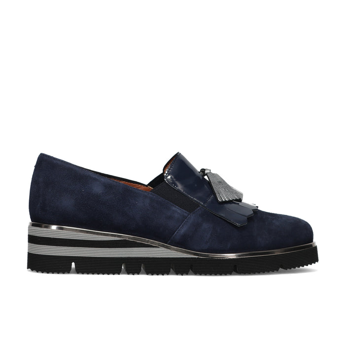 SANGIORGIO: Women's slip-on shoe in blue suede with fringe, silver tassels and a low wedge
