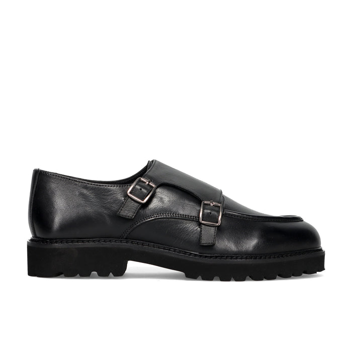 SANGIORGIO: Men's double monk strap shoe in black leather with studded rubber sole