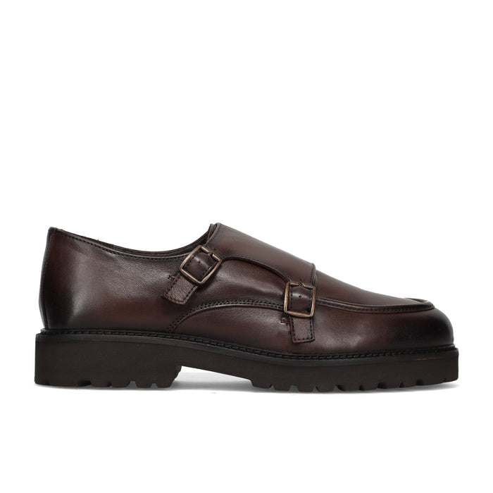 SANGIORGIO: Men's double monk strap shoe in hand-shaded brown leather with a lug rubber sole