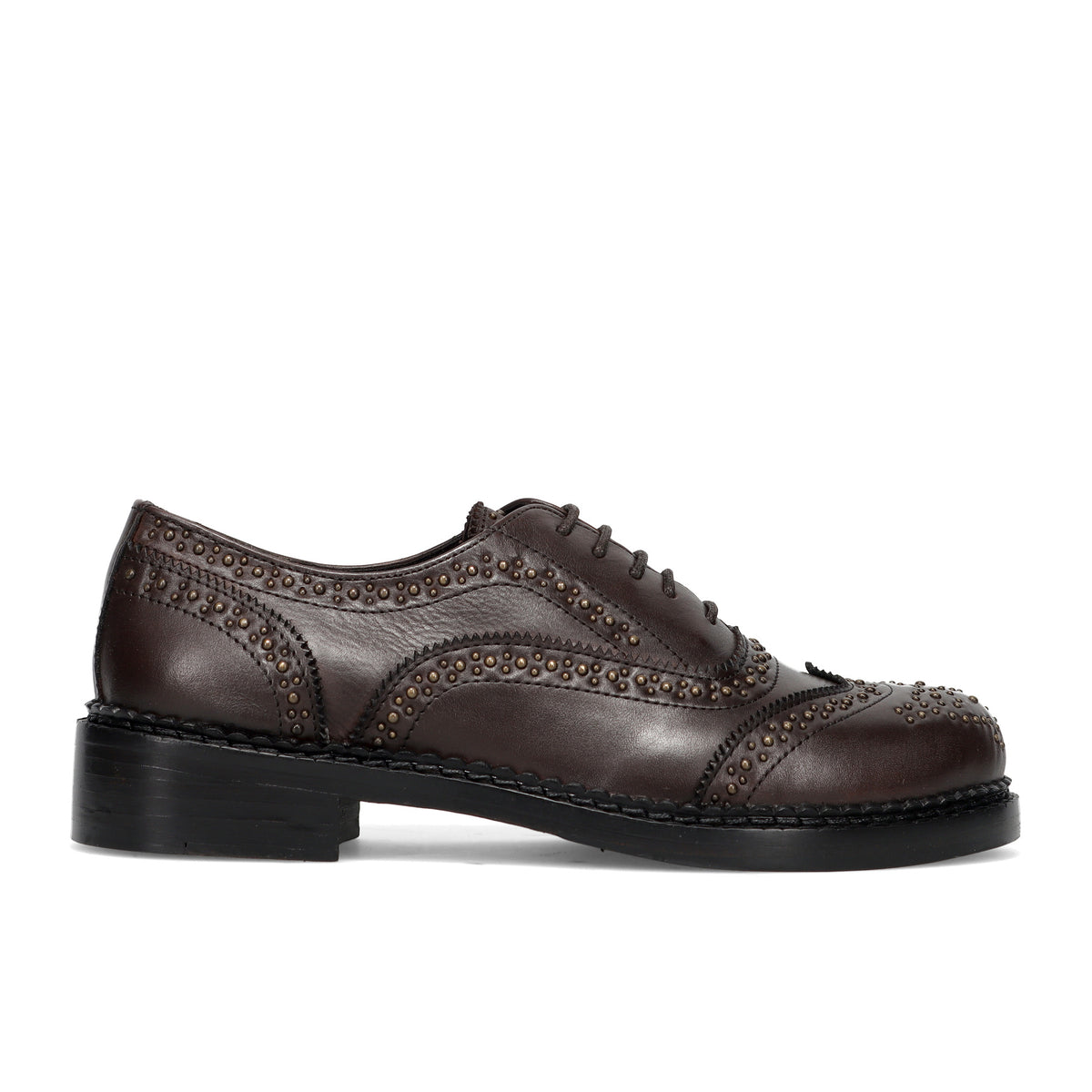 SANGIORGIO: Women's lace-up shoe in brown leather with micro studs and swallowtail detailing