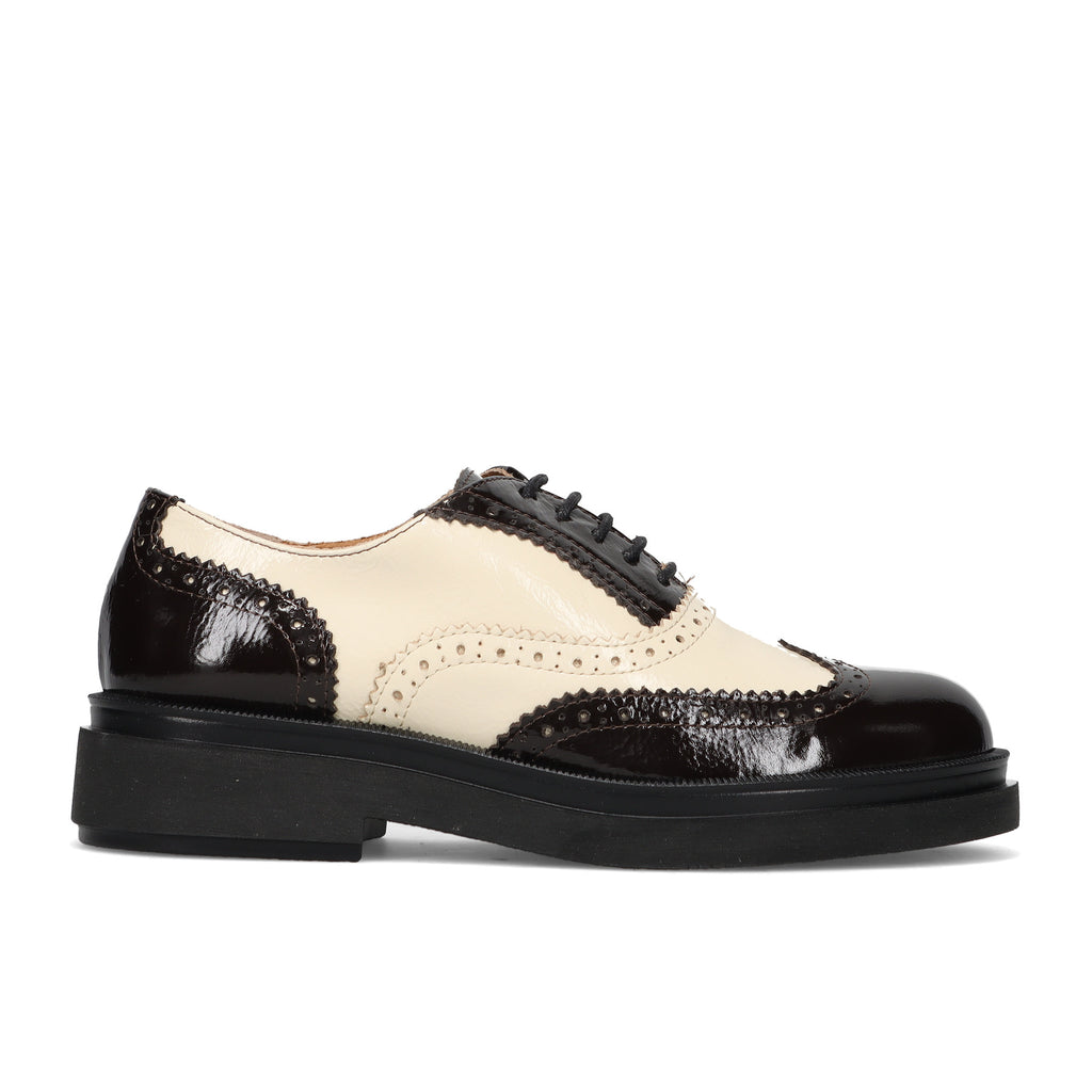 SANGIORGIO: Women's lace-up shoe in dark brown and ivory shiny leather with decorative perforations