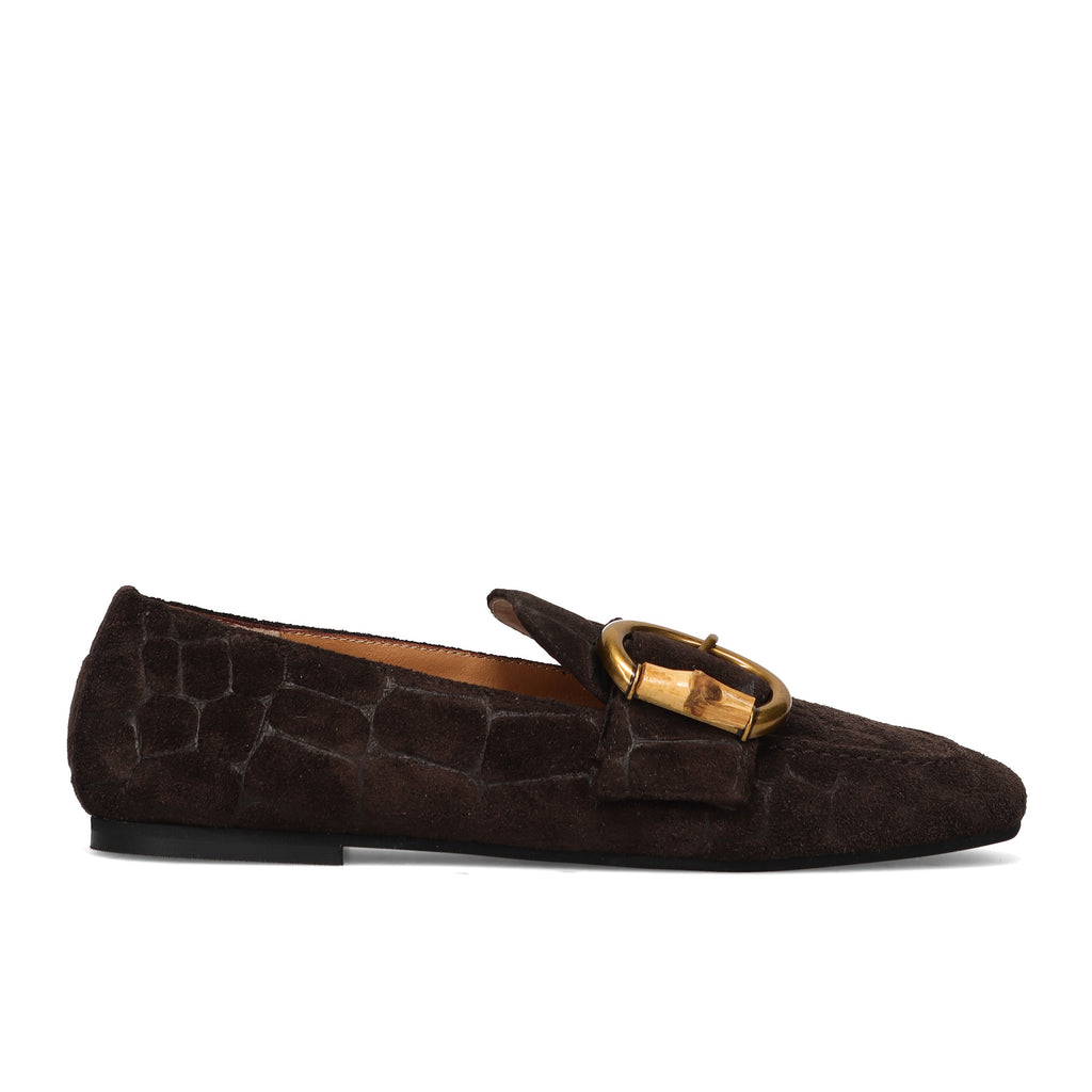 SANGIORGIO: Women's Marta moccasin in suede with crocodile print and bamboo buckle