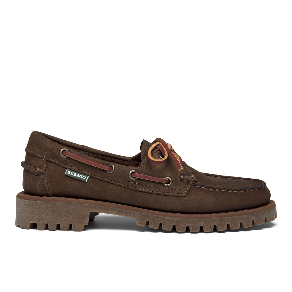 SEBAGO: Women's Docksides Ranger Muddy lace-up moccasins in dark brown with nubuck upper
