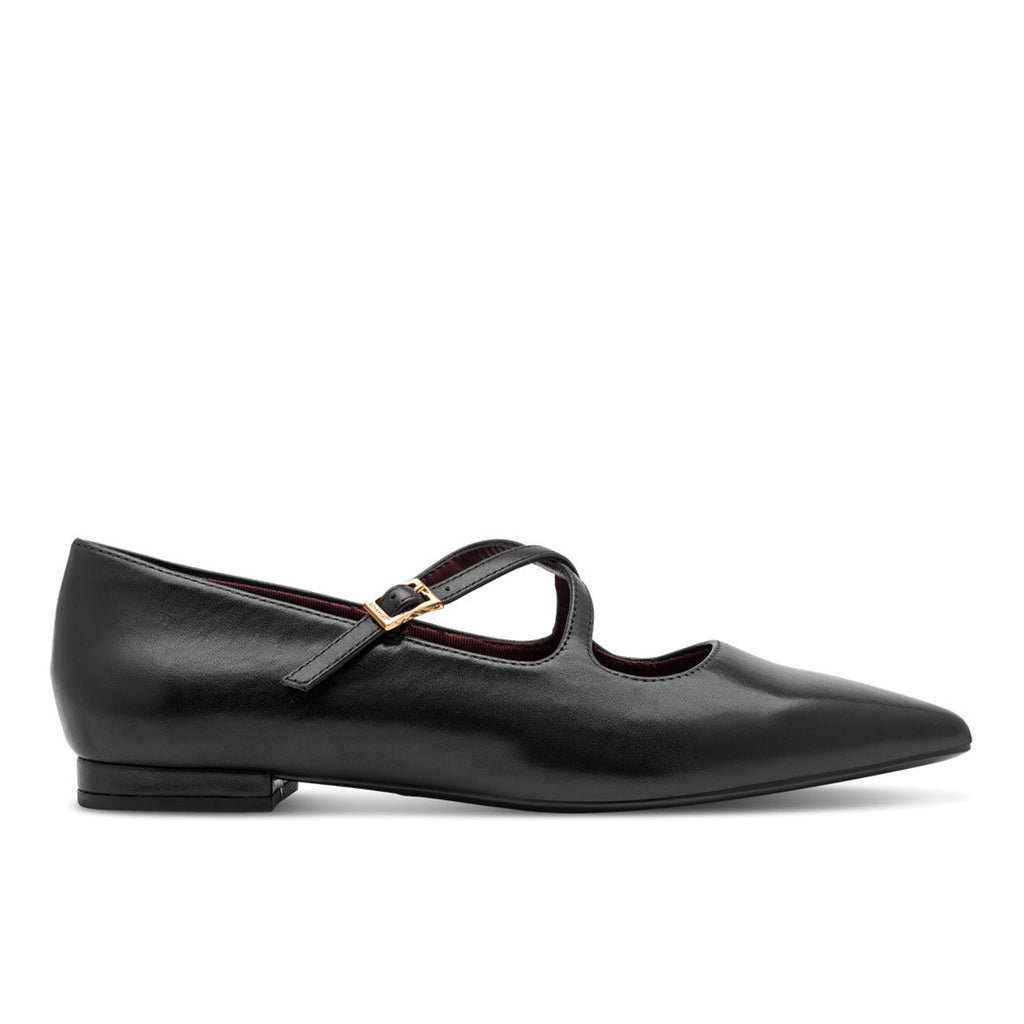 TAMARIS: Women's flat pointed-toe shoe in black leather with crossed straps