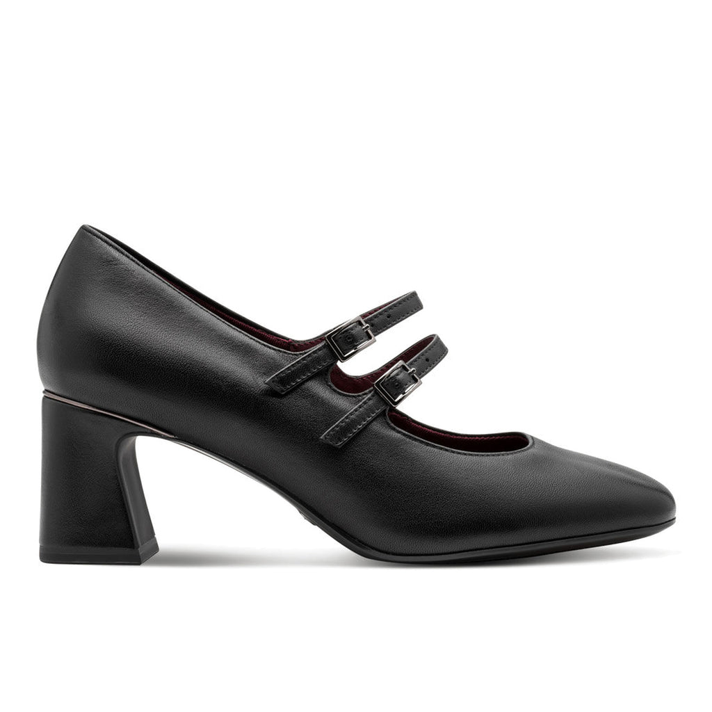 TAMARIS: Women's shoe in black leather with straps and a comfortable mid heel