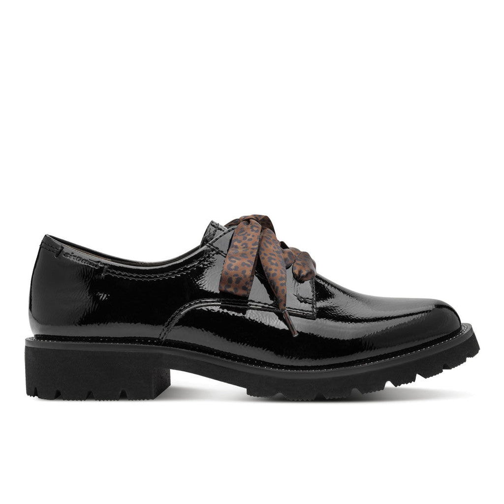 TAMARIS: Women's lace-up shoe in shiny black faux leather with animal-print laces