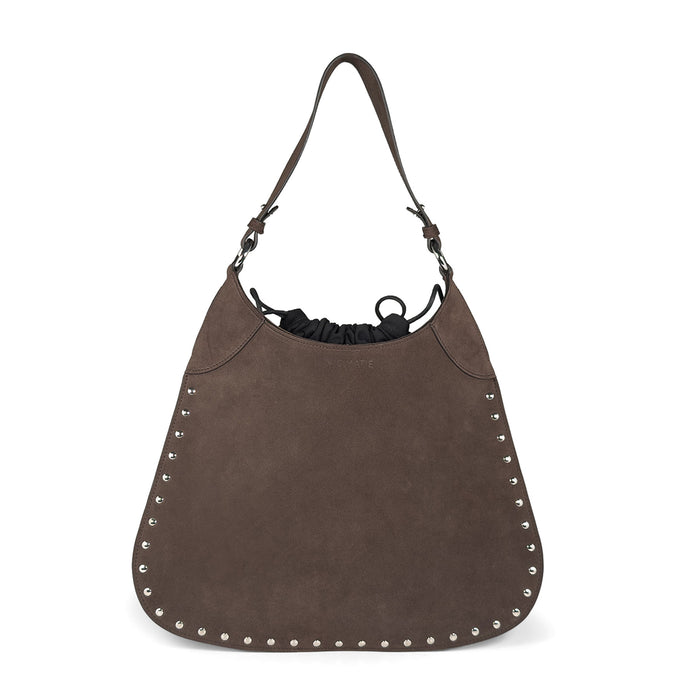 VIC MATIE': Boho shoulder bag in dark brown suede with studs and drawstring closure