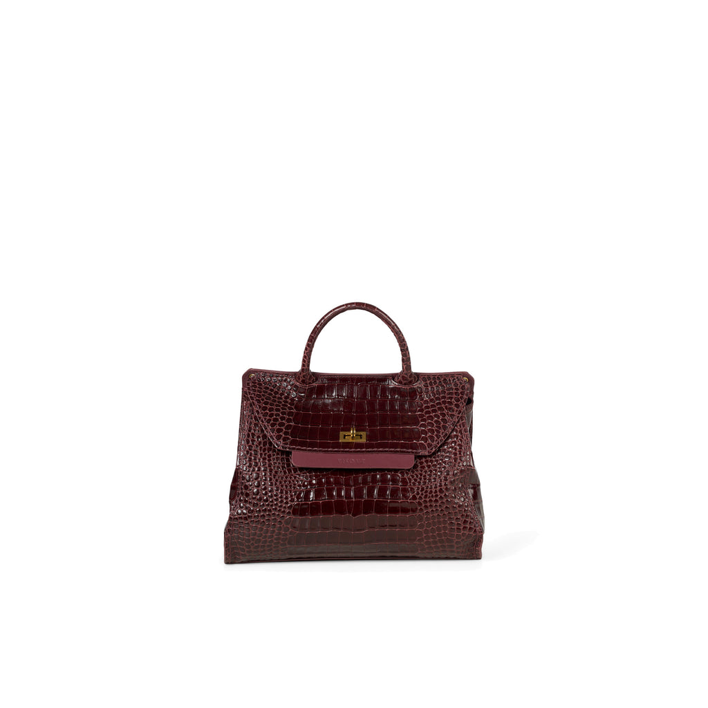 Visonà: Ornella shopping bag in burgundy crocodile-print leather