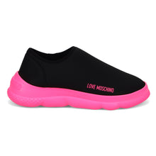 Love Moschino black slip-on sneakers with oversized fuchsia sole