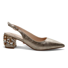 Twenty Four Haitch Anastasia gold pumps with stone-covered heel